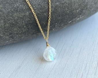 Rainbow Moonstone Necklace, June Birthstone, Minimalist Moonstone Teardrop Pendant, Simple Moonstone Jewelry in Gold or Silver, Gift for her