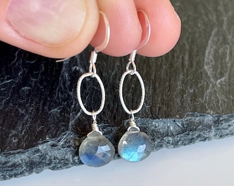 Labradorite Earrings, Blue Flash Labradorite Teardrop Earrings in Gold or Silver, Minimalist Labradorite Jewelry, Simple Drop Gift for her