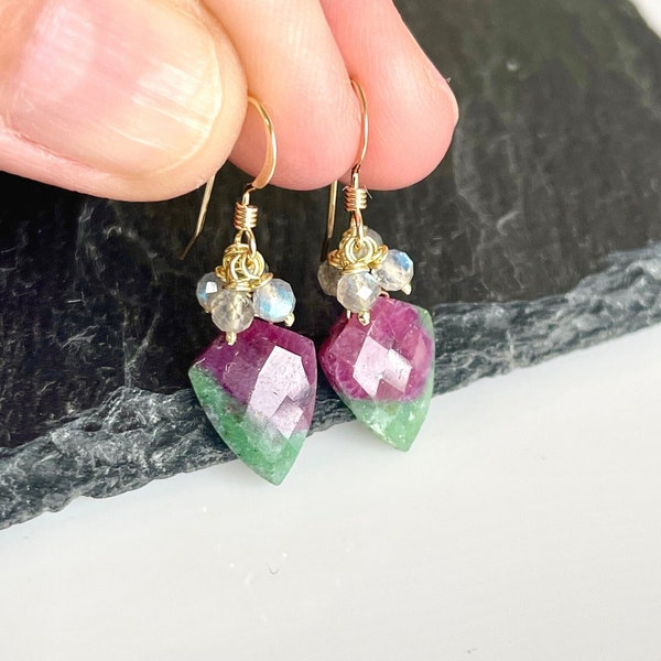 Ruby Zoisite and Labradorite Earrings, Green and Hot Pink Dangle Earrings Gold or Silver, July Birthstone, Minimalist Jewelry, Gift for her