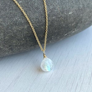 Rainbow Moonstone Necklace, June Birthstone, Minimalist Moonstone Teardrop Pendant, Simple Moonstone Jewelry in Gold or Silver, Gift for her