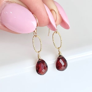Garnet Earrings, January Birthstone, Red Garnet Teardrop Earrings, Minimalist Jewelry in Gold or Silver,  Minimal Red Earrings for women