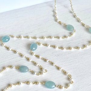 Aquamarine and Pearl Necklace, March Birthstone, White and Blue Layering Jewelry, Long Beaded Necklace Gold or Silver, March Gift for Women