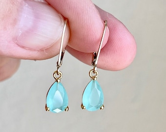 Chalcedony Earrings, Tiny Aqua Chalcedony Teardrop Earrings in Gold or Silver, Pear Shape Light Seafoam Blue Drop Earrings, Dainty Jewelry