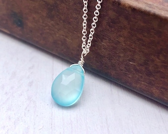 Aqua Chalcedony Necklace, Blue Teardrop Pendant, Layering Summer Necklace, Minimalist Silver Jewelry, Seaglass Chalcedony Drop, Gift for her