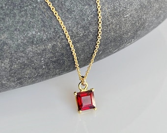 Garnet Necklace, Tiny Red Square Pendant, January Birthstone, Small Gold Layering Necklace, Dainty Minimalist Jewelry, Red Love Gift for her