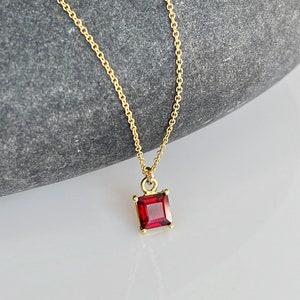 Garnet Necklace, Tiny Red Square Pendant, January Birthstone, Small Gold Layering Necklace, Dainty Minimalist Jewelry, Red Love Gift for her