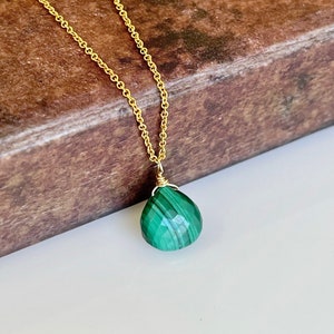 Malachite Necklace, Minimalist Green Malachite Necklace, Dark Green Teardrop Necklace Gold or Silver, Dainty Simple Layering Boho Necklace