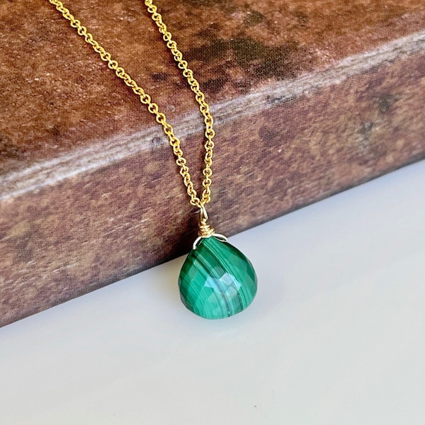 Malachite Necklace, Minimalist Green Malachite Necklace, Dark Green Teardrop Necklace Gold or Silver, Dainty Simple Layering Boho Necklace