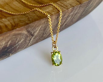 Peridot Necklace, August Birthstone, Tiny Lime Green Oval Pendant in Gold, Minimalist Layering Necklace, Peridot Jewelry Gift for August