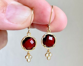 Garnet Earrings, January Birthstone, Round Dark Red Earrings in Gold or Silver, Tiny Burgundy Drops, Red Jewelry Holiday Gift for women