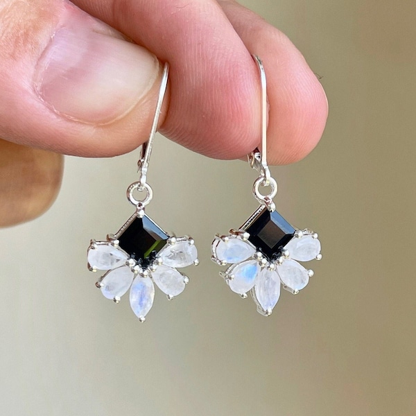 Rainbow Moonstone and Onyx Earrings, Black and White Flower Earrings, Floral Onyx and Moonstone Drop Earrings, Gemstone Jewelry Gift for her
