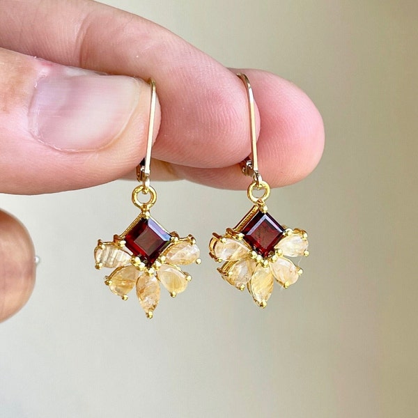 Rutilated Quartz and Garnet Earrings, Red and Yellow Flower Earrings, January Birthstone, Floral Gold or Silver Jewelry, Mother's Day Gift