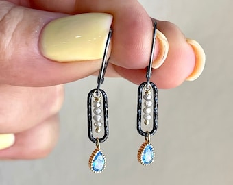 Blue Zircon and Diamond Earrings, December Birthstone, Tiny Blue and White Teardrop Ovals Oxidized Silver Earrings, Minimalist Gift for her