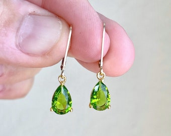 Peridot Earrings, August Birthstone, Tiny Lime Green Teardrop Earrings in Gold or Silver, Pear Shape Drop Earrings, Small Jewelry for Women
