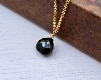 Onyx Necklace, Black Faceted Teardrop Pendant in Gold or Silver, Minimalist Black Layering Jewelry, Single Minimal Halloween Gift for her