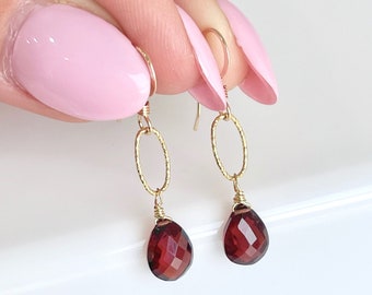 Garnet Earrings, January Birthstone, Red Garnet Teardrop Earrings, Minimalist Jewelry in Gold or Silver,  Minimal Red Earrings for women