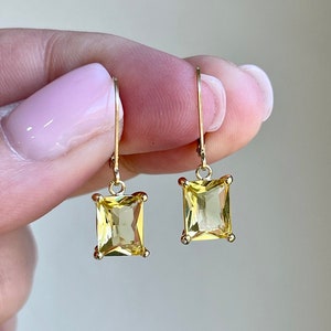 Citrine Earrings, Yellow Citrine Emerald Cut Dangle Drops in Gold or Silver, November Birthstone, Summer Yellow Jewelry, Gift for women image 1