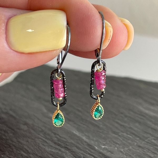 Green Zircon and Pink Sapphire Earrings, May Birthstone, Tiny Green and Pink Teardrop Ovals Oxidized Silver Earrings, Minimalist Mom Gift