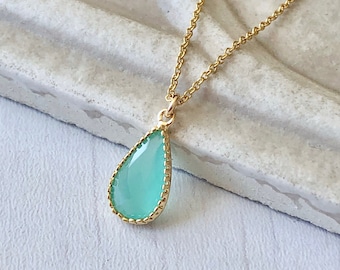 Aqua Chalcedony Necklace, Aqua Teardrop Pendant, Minimalist Gold Necklace, Turquoise Layering Necklace, Summer Necklace, Gift for women