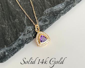 Amethyst Necklace, Purple Amethyst and Diamond Pendant in Solid 14k Gold Chain, February Birthstone, Gold Minimalist Jewelry Gift for women