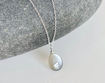 Gray Moonstone Necklace, Light Sheen Gray Teardrop Pendant, June Birthstone, Layering Necklace Gold or Silver, Neutral Dainty Gift for her