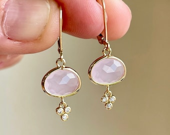 Rose Quartz Earrings, Oval Blush Pink Earrings, Light Pink Dainty Tiny Dangle Drops Gold or Silver, Unconditional Love, Valentine's Day Gift