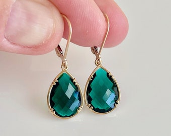 Emerald Quartz Earrings, May Birthstone, Dark Green Teardrop Earrings in Gold or Silver, Hunter Green Fancy Jewelry, Holiday Gift for women
