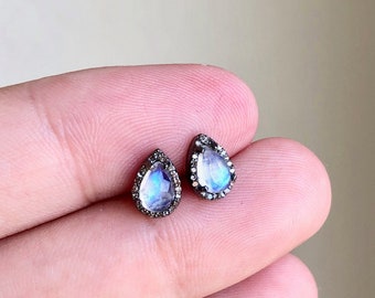 Tiny Rainbow Moonstone and Diamond Earrings, Moonstone Teardrop Studs with Pave Diamond in Oxidized Silver, June Birthstone Minimalist Gift
