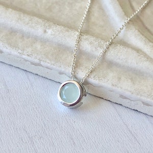 Aquamarine Minimalist Necklace, Light Blue Round Bezel Pendant, March Birthstone, Layering Necklace Gold or Silver, Dainty Mother's Day Gift