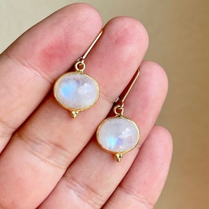 Rainbow Moonstone Earrings, June Birthstone, Blue Flash White Moonstone Smooth Oval Earrings in Gold or Silver, Statement Gift for women