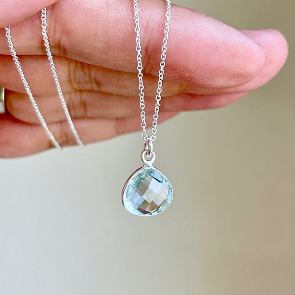 Aquamarine Necklace, March Birthstone, Light Blue Teardrop Pendant in Silver, Aquamarine Minimalist Jewelry, Layering Boho Necklace Gift