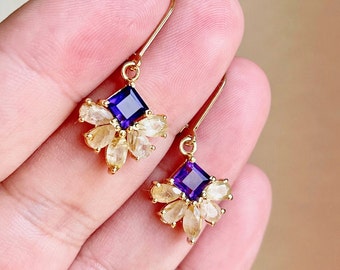 Rutilated Quartz and Amethyst Earrings, Purple and Yellow Flower Earrings, February Birthstone, Floral Gold Gemstone Jewelry, Gift for her