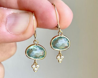 Green Amethyst Earrings, Green Prasiolite Oval Earrings in Gold or Silver, Mint Minimalist Dainty Drops, February Birthstone Jewelry Gift