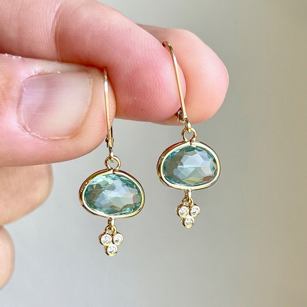 Green Amethyst Earrings, Green Prasiolite Oval Earrings in Gold or Silver, Mint Minimalist Dainty Drops, February Birthstone Jewelry Gift