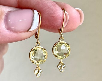 Citrine Earrings, November Birthstone, Round Shape Light Yellow Earrings, Small Dangle Drops Gold or Silver, Tiny Drops, Gift for women