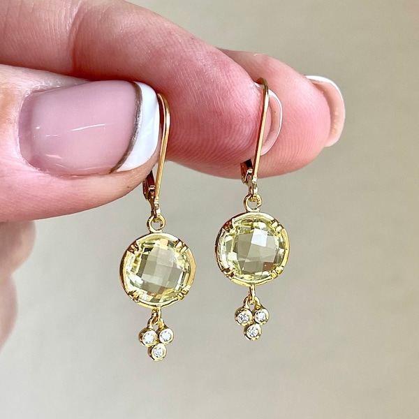 Citrine Earrings, November Birthstone, Round Shape Light Yellow Earrings, Small Dangle Drops Gold or Silver, Tiny Drops, Gift for women