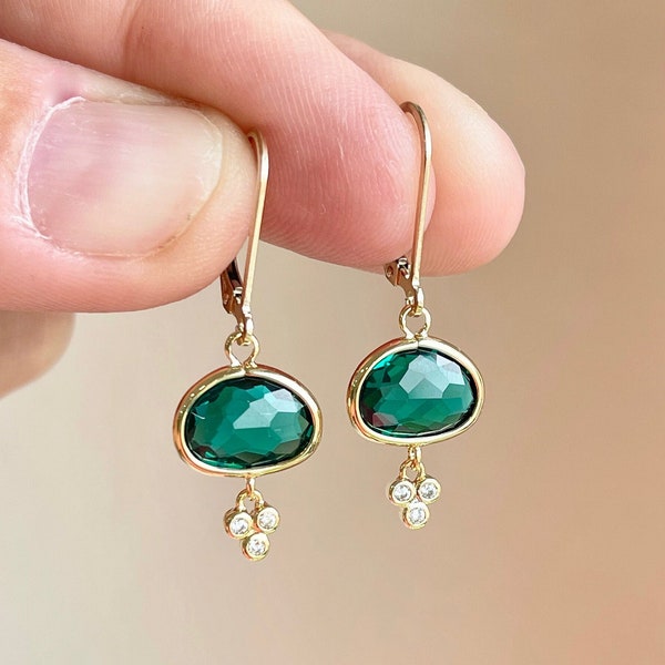Emerald Quartz Earrings, Oval Dark Green Earrings Gold or Silver, Dainty Drops, Minimalist Hunter Green Drops, May Birthstone Jewelry Gift