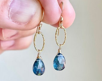 Blue Tourmaline Earrings, Teal Gold Earrings, October Birthstone, Small Everyday Blue Dangle Earrings, Tourmaline Gift, Dainty Gift for her