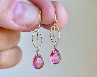 Pink Tourmaline Earrings, Hot Fuchsia Gold Earrings, October Birthstone, Simple Everyday Tiny Dangle Earrings, Dainty Delicate Gift for her.
