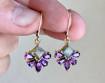 Amethyst and Labradorite Earrings, Purple and Green Flower Earrings in Gold or Silver, February Birthstone, Floral Gemstone Jewelry Mom Gift