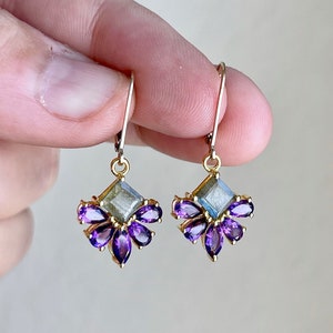 Amethyst and Labradorite Earrings, Purple and Green Flower Earrings in Gold or Silver, February Birthstone, Floral Gemstone Jewelry Mom Gift
