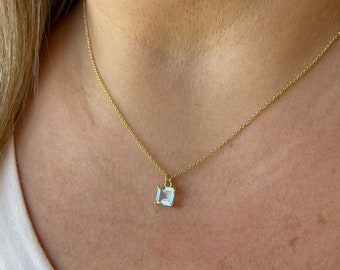 Blue Topaz Necklace, December Birthstone, Tiny Light Topaz Square Pendant, Gold Layering Necklace, Dainty Minimalist Jewelry Gift for her