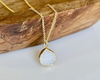 White Druzy Necklace, Druzy Teardrop Pendant, Dainty Drusy Quartz, White Summer Necklace, Boho Layering Jewelry, Crystal Necklace Gift