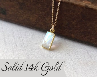 Rainbow Moonstone Necklace, Solid Gold Necklace, June Birthstone, 14k Gold Tiny Moonstone Pendant, Anniversary Gift, Birthday gift for her