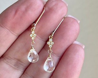 White Topaz Earrings, April Birthstone, Clear Teardrop Dangle Minimalist Earrings in Gold or Silver, Dainty Crystal Jewelry, Gift for women