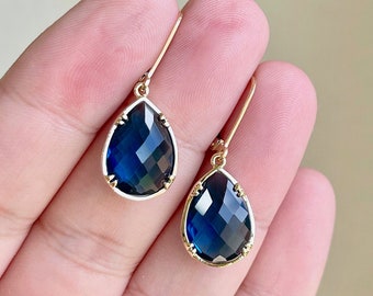 Sapphire Quartz Earrings, September Birthstone, Navy Blue Teardrop Earrings in Gold or Silver, Sapphire Jewelry, Simple Elegant Gift for her