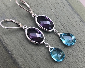 March Birthstone February Amethyst Teardrops E9340 VINTAGE PURPLE DANGLES Mauve Glass Earrings Aquamarine Czech Crystal Jewelry Gifts