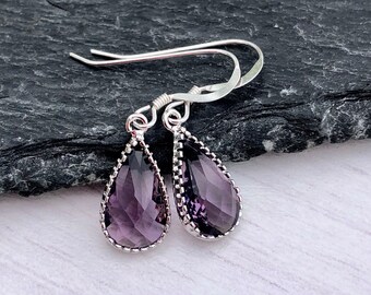 Amethyst Earrings, February Birthstone, Purple Teardrop Earrings, Dainty Dangle Drops, Everyday Silver Earrings, Minimalist Gift for her