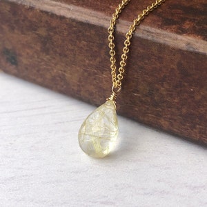 Rutilated Quartz Necklace, Tourmalinated Quartz Drop Pendant, Minimalist Jewelry, Teardrop Layering Drop Gold or Silver, Golden Gift for her