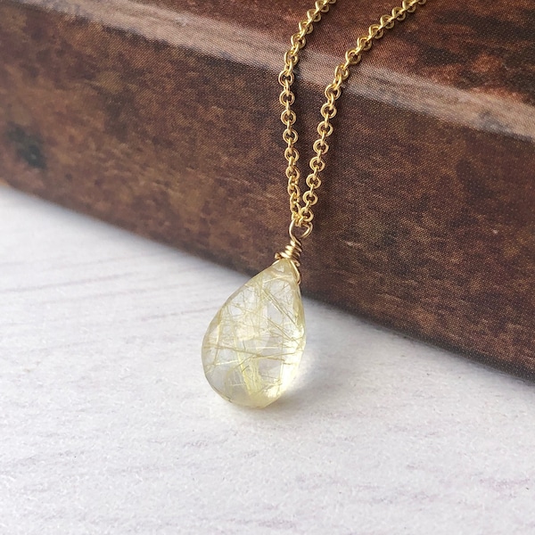 Rutilated Quartz Necklace, Tourmalinated Quartz Drop Pendant, Minimalist Jewelry, Teardrop Layering Drop Gold or Silver, Golden Gift for her
